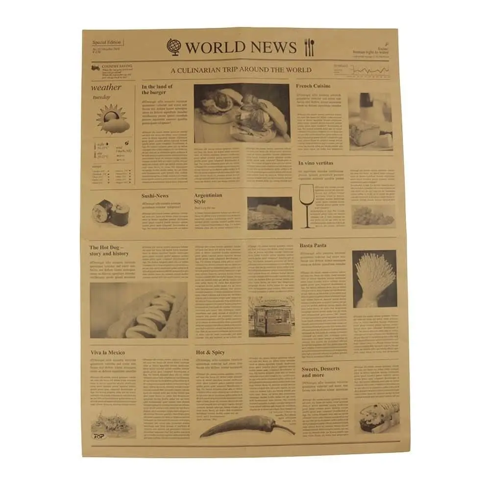 Greaseproof paper 50 x 37.5 cm, newspaper look, kraft