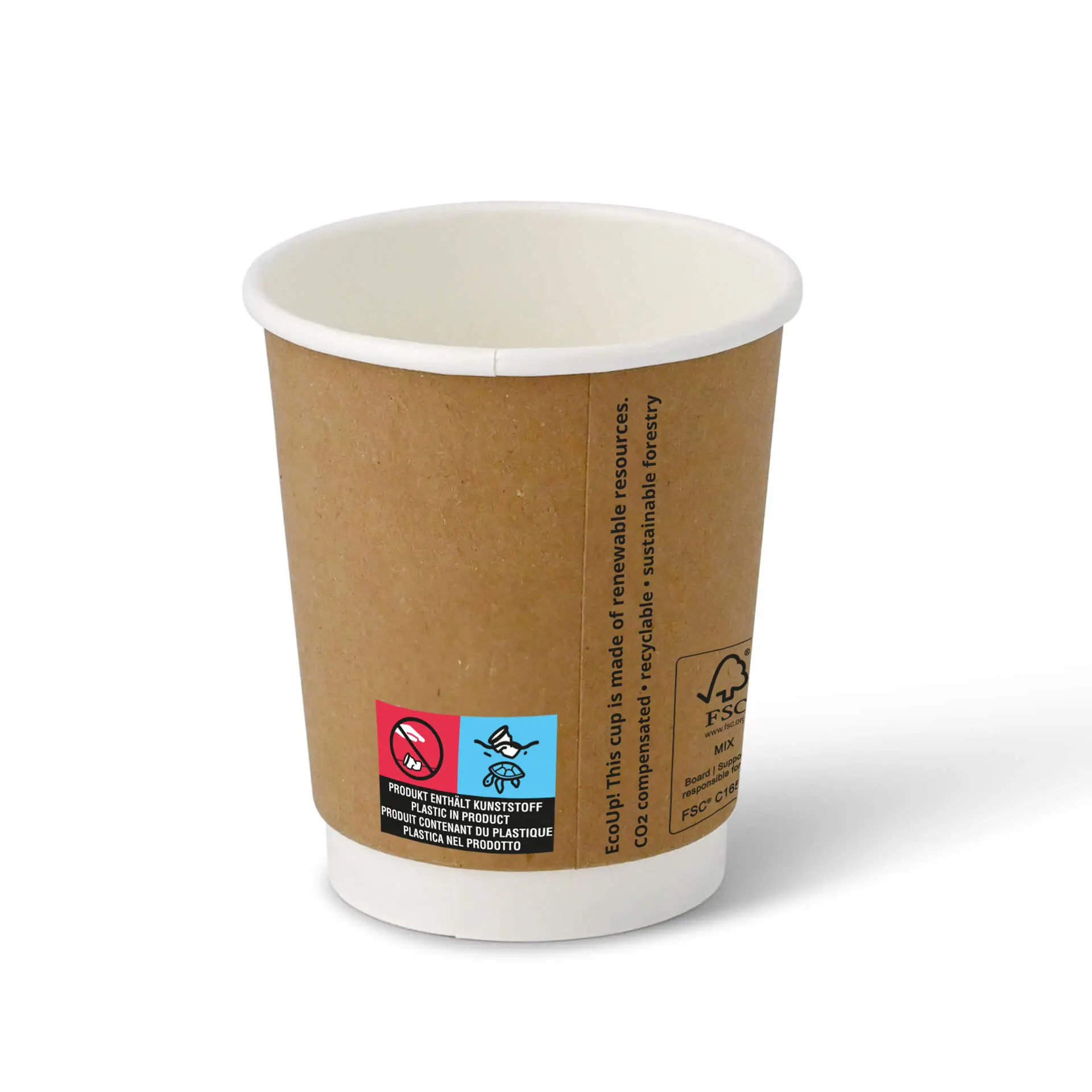 Coffee to go Becher aus Pappe (beschichtet) doppelwandig, 200 ml / 8 oz, Ø 80 mm, braun, innen weiß