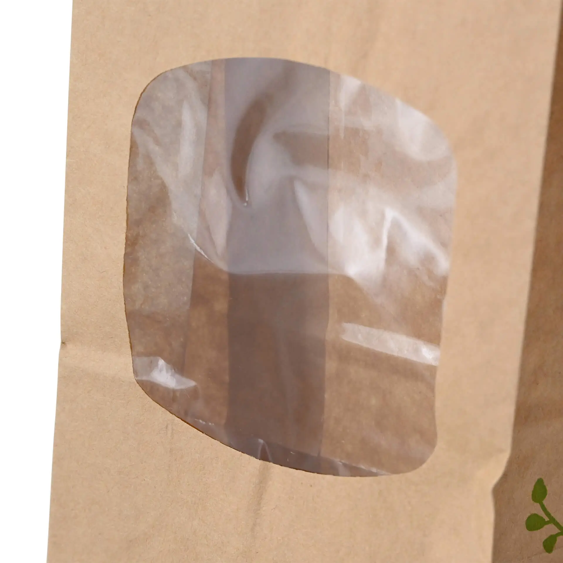 Block bottom bags with window S, 8.8 x 4.7 x 26 cm, PLA-foil, brown, tin tie, kraft paper