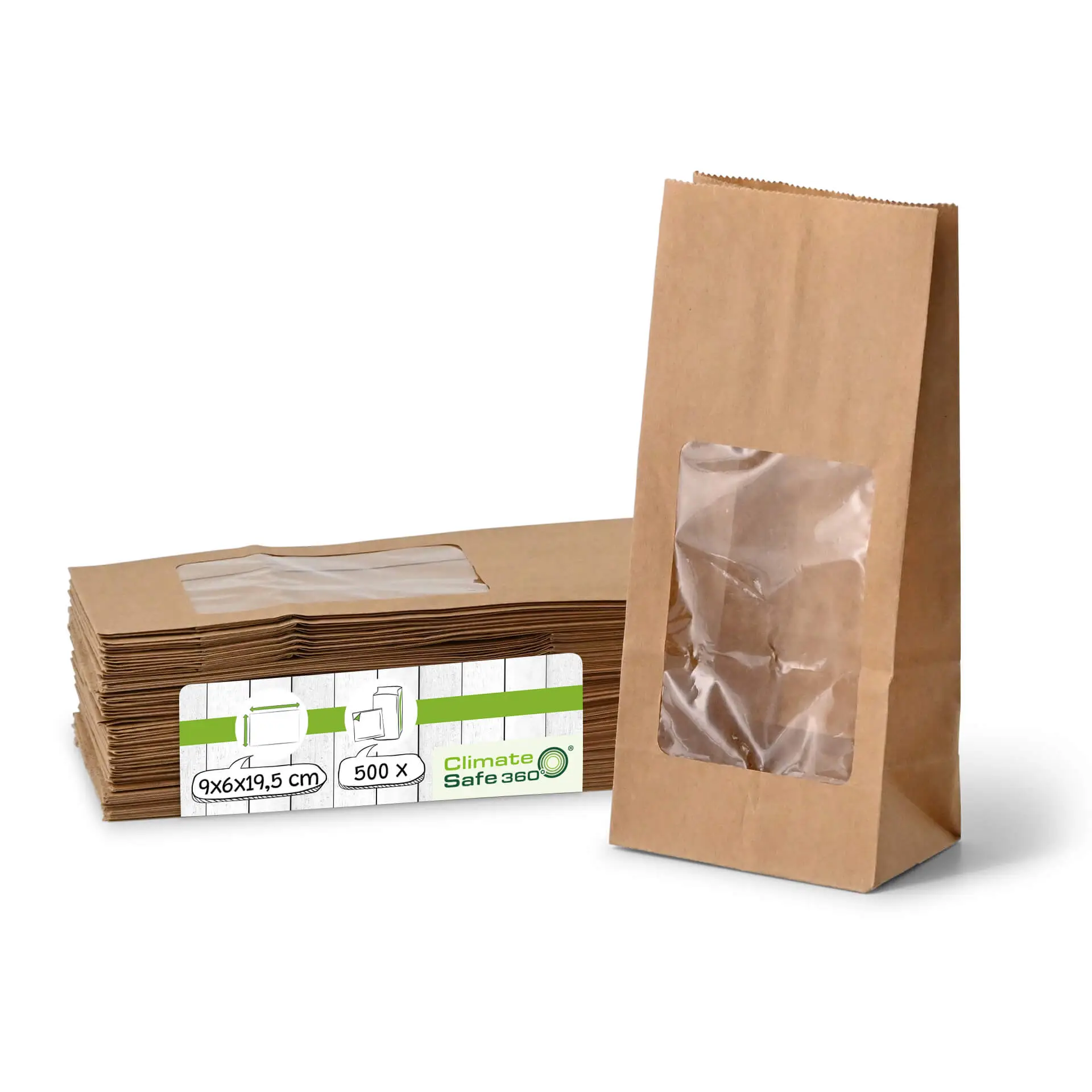 Block bottom-bags with PLA-window S, 9 x 6 x 19,5 cm, brown, kraft paper