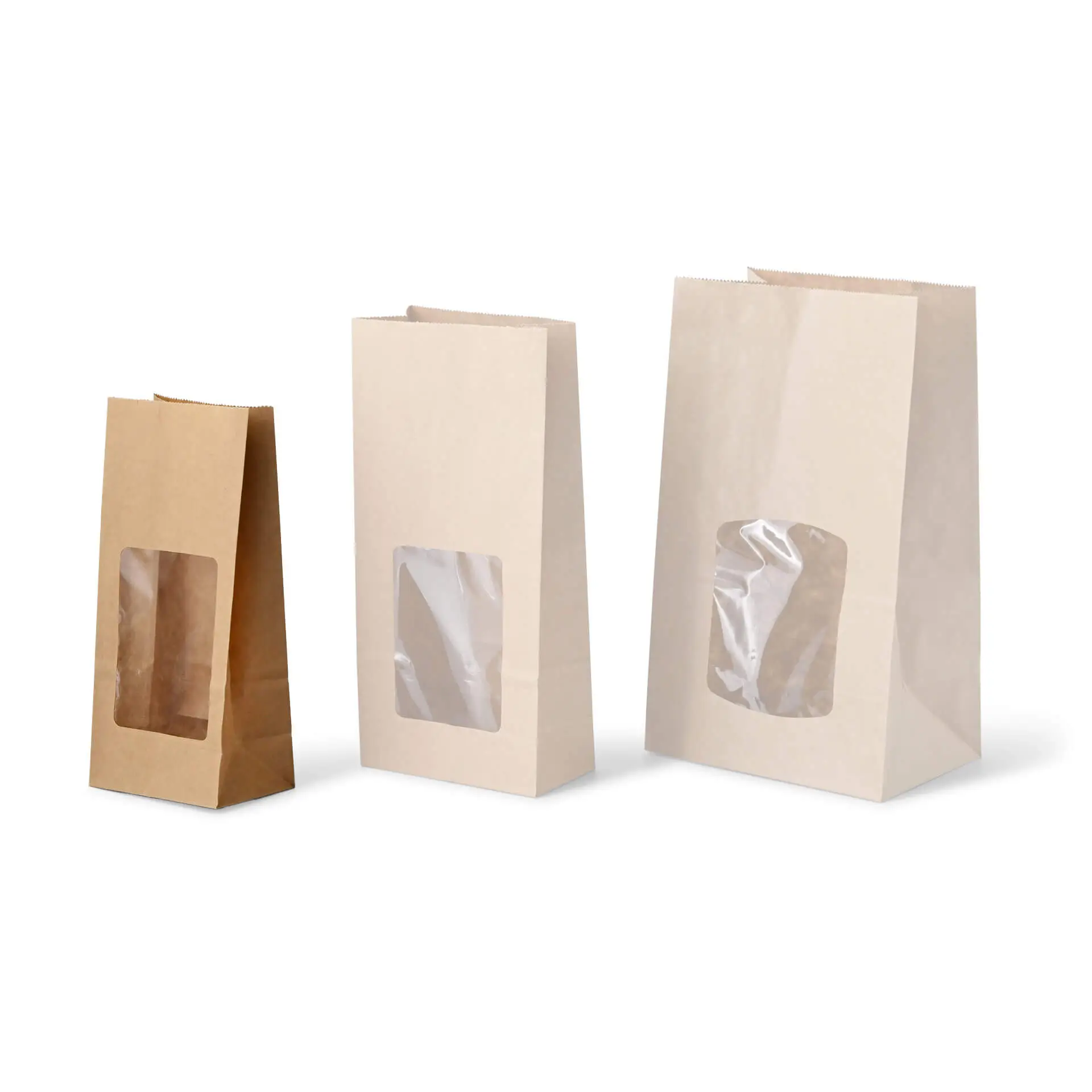 Block bottom-bags with PLA-window S, 9 x 6 x 19,5 cm, brown, kraft paper