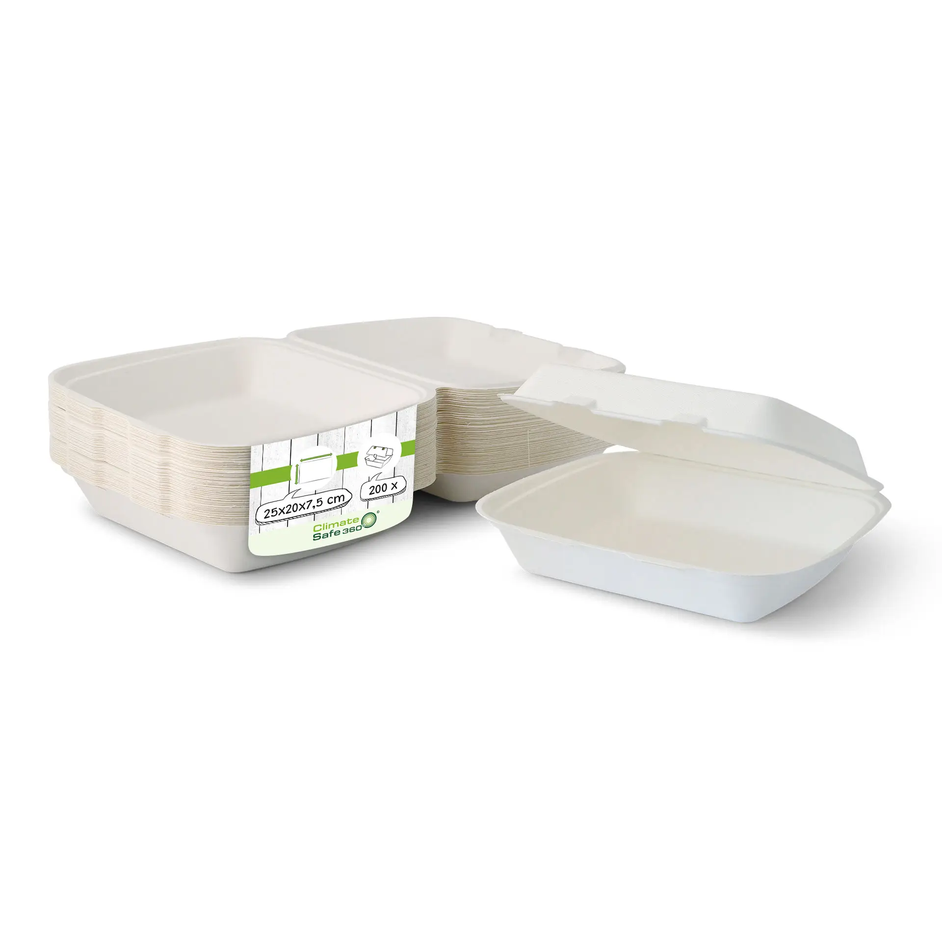 Sugarcane-containers 25 x 20 x 7.5 cm, HP4,  hinged-lid, rectangular