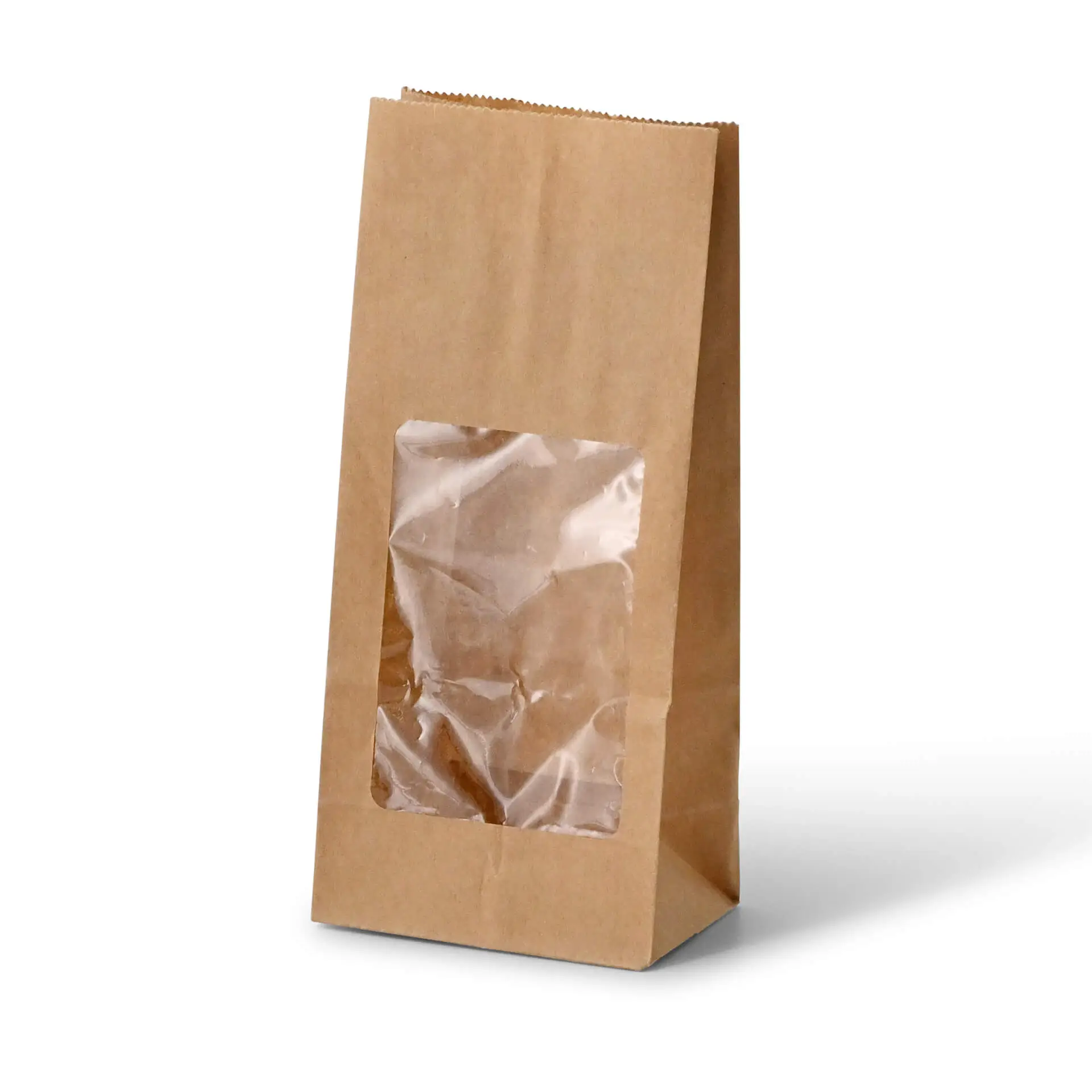 Block bottom-bags with PLA-window S, 9 x 6 x 19,5 cm, brown, kraft paper