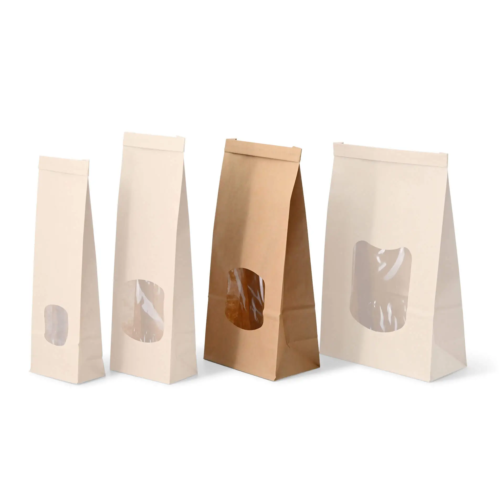 Block bottom bags with window M, 11.5 x 7 x 24,5 cm, PP-foil, brown, tin tie, kraft paper