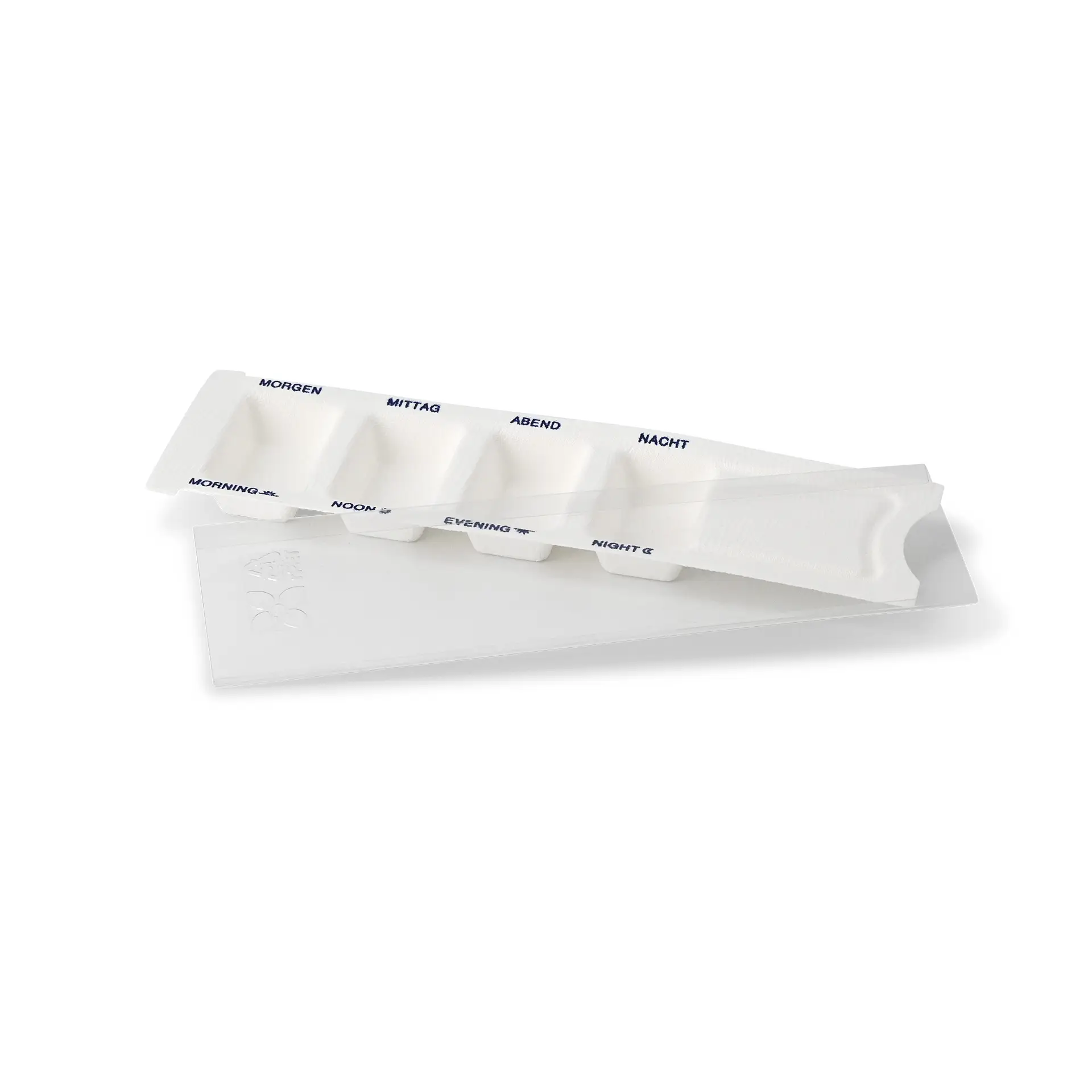 Plant fibre medication dispenser 6 x 22 x 1 cm, 4 chambers, rPET sliding lid