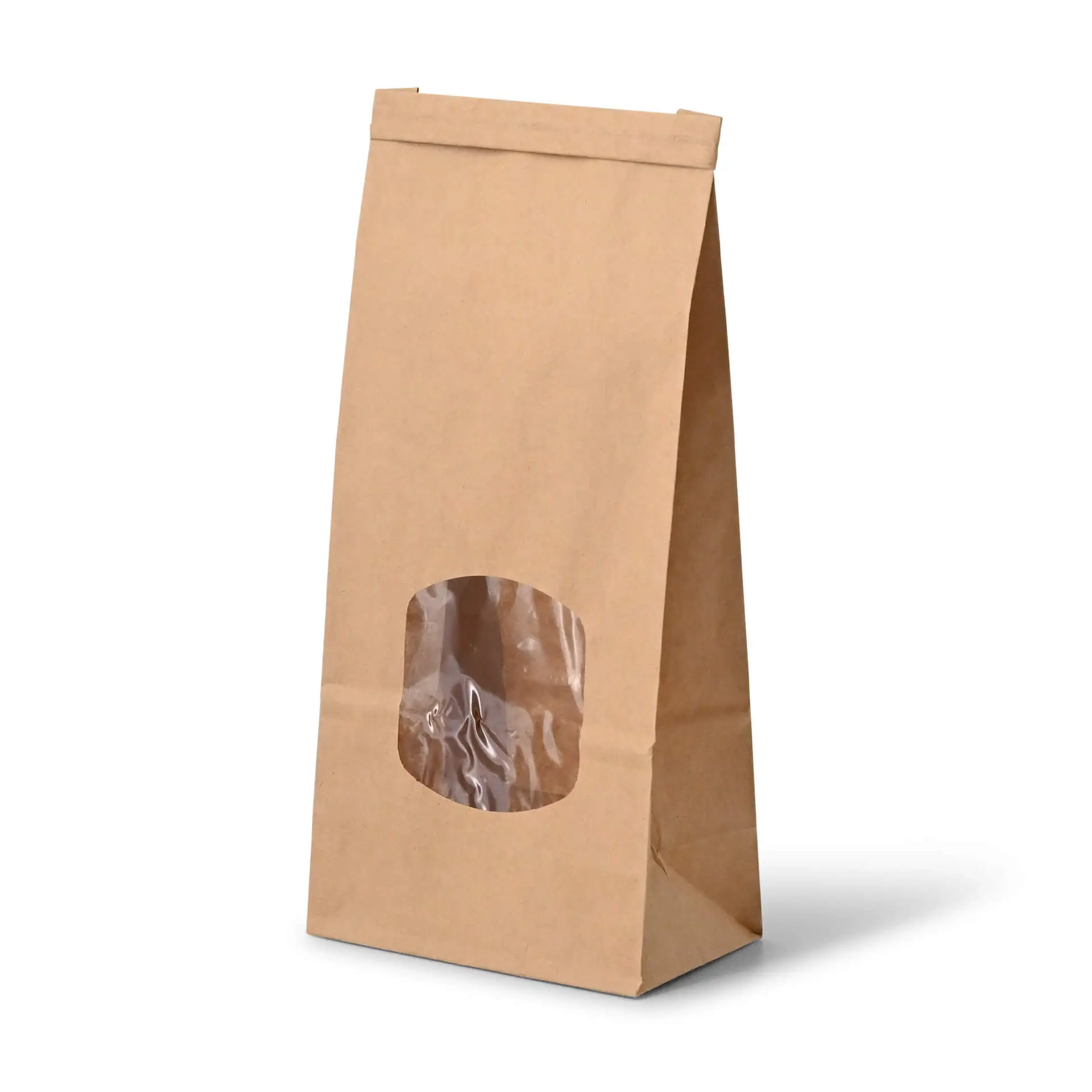 Block bottom bags with window M, 11.5 x 7 x 24,5 cm, PP-foil, brown, tin tie, kraft paper