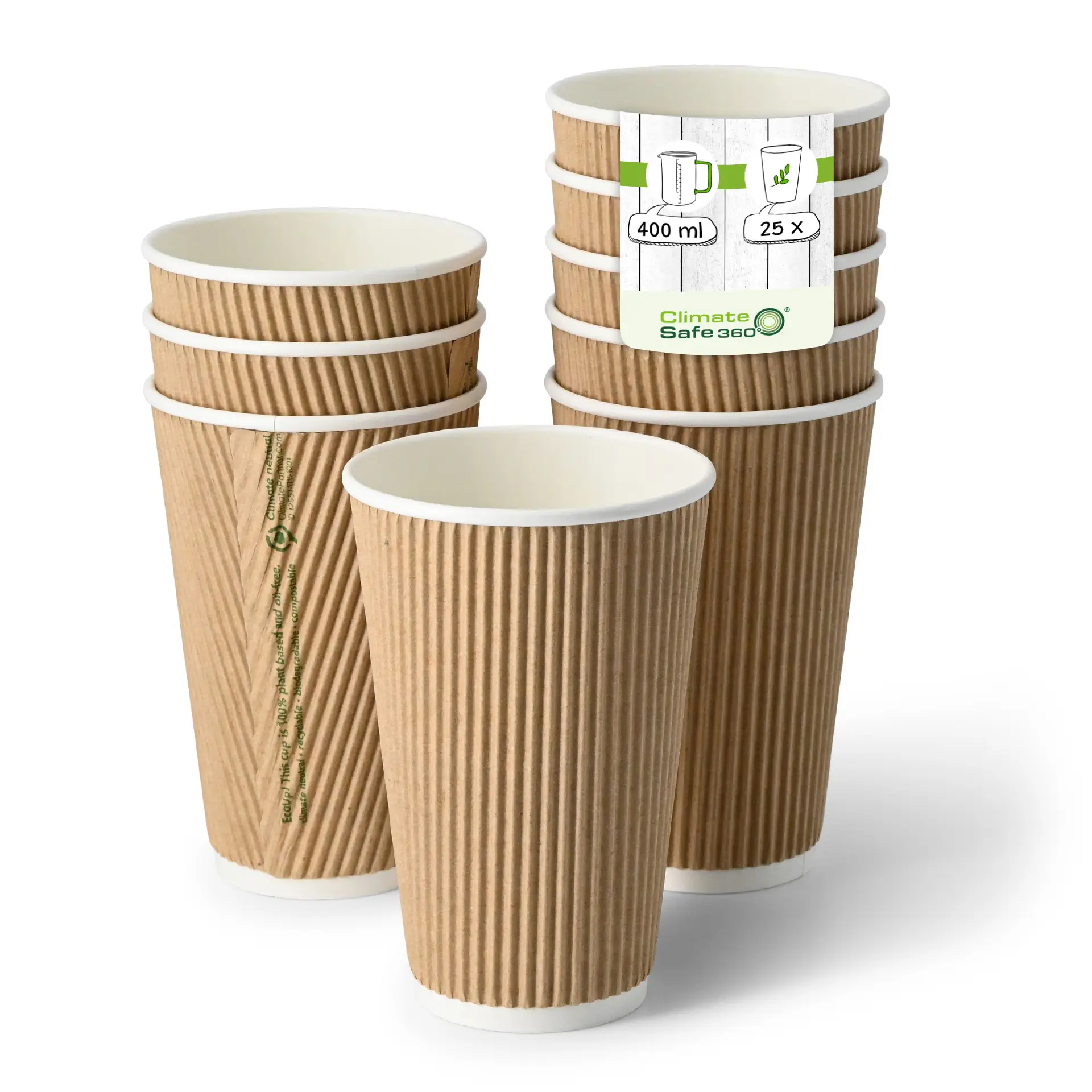 Riffelbecher / Coffee to go Becher 400 ml / 16 oz, Ø 90 mm, braun, innen weiß