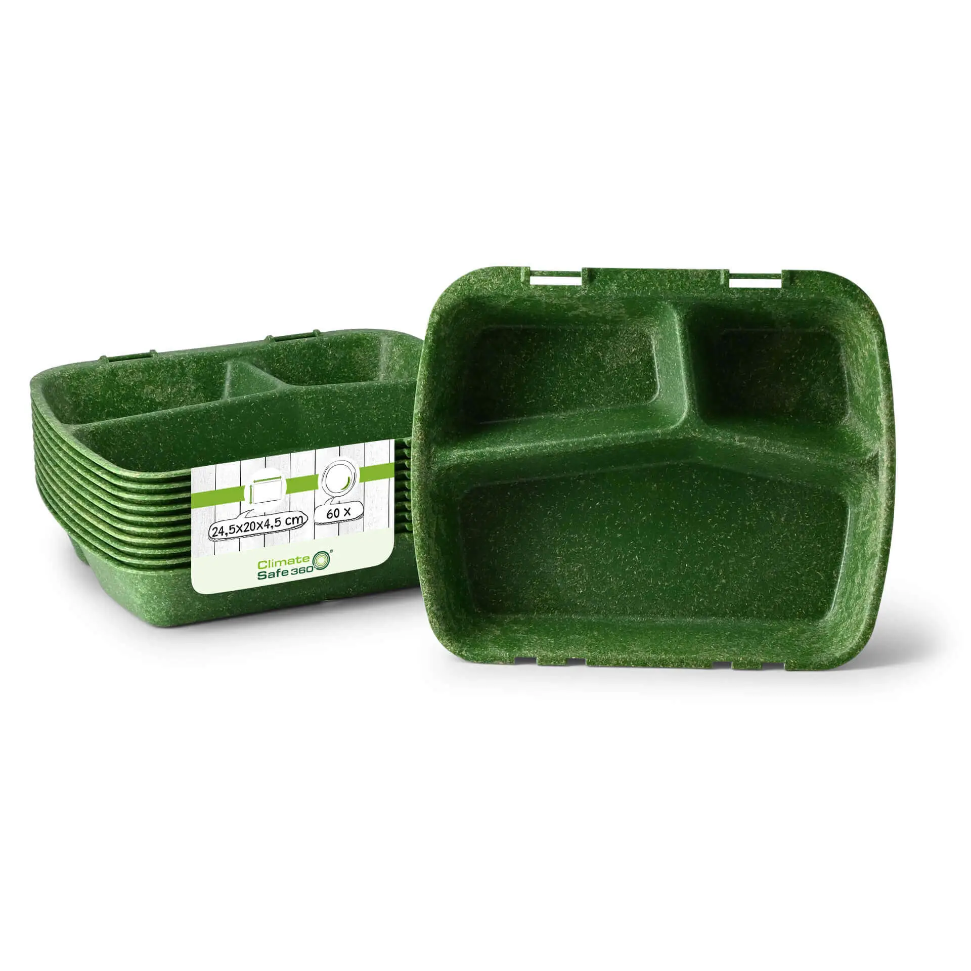 Reusable meal container "merways Box" 24.5 x 20 x 4.5 cm, 3 compartments, HP4/3, spinach green / dark green