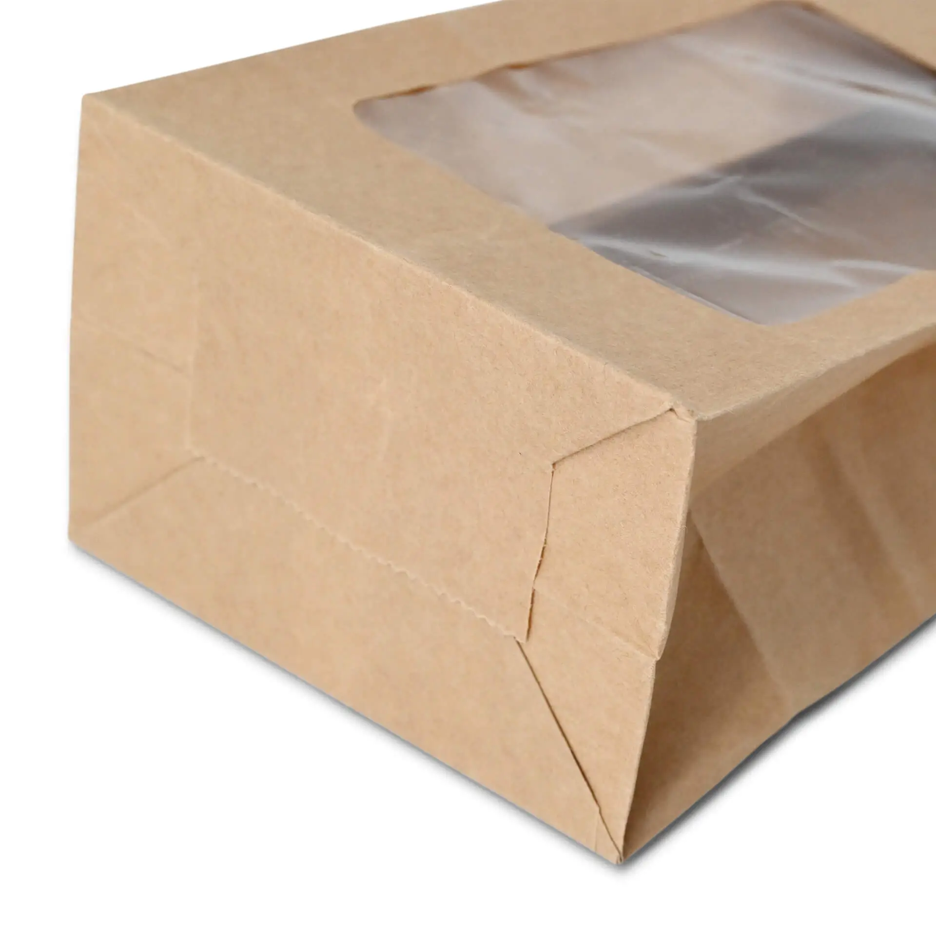 Block bottom-bags with PLA-window S, 9 x 6 x 19,5 cm, brown, kraft paper