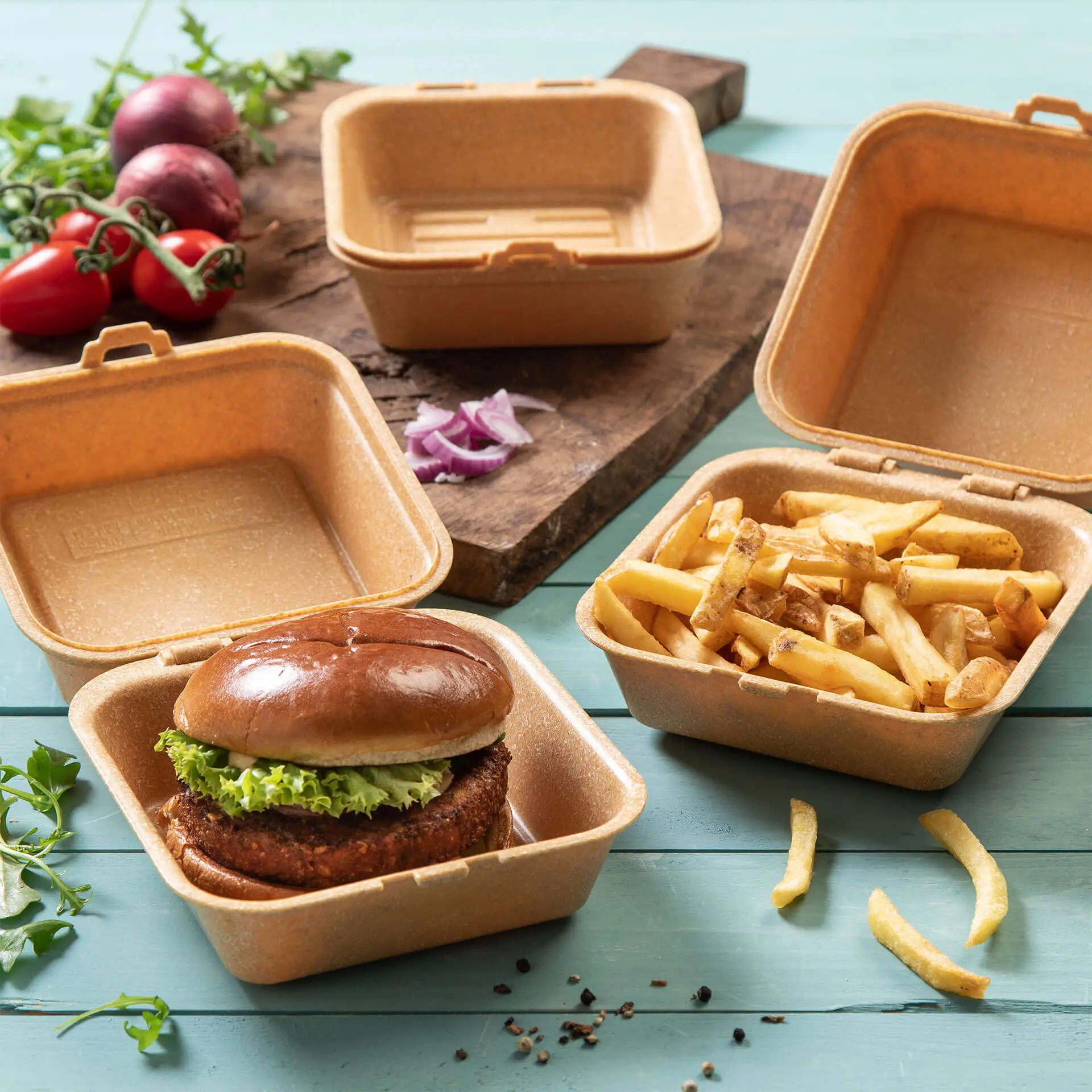 Mehrweg Burgerboxen "merways Box" 16 x 15 x 8,5 cm, Karamell / braun