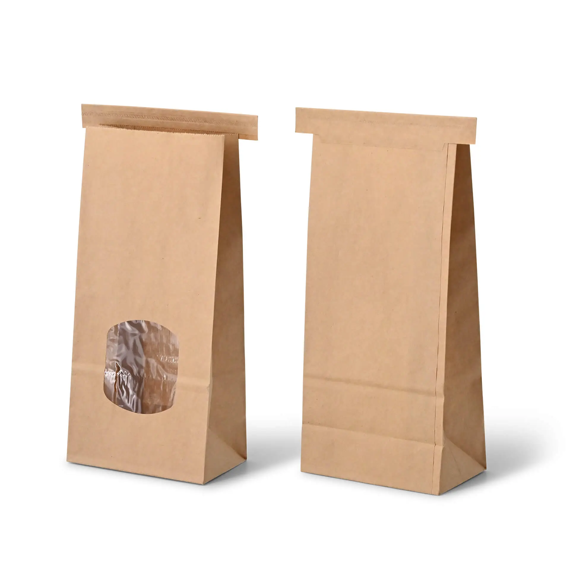 Block bottom bags with window M, 11.5 x 7 x 24,5 cm, PP-foil, brown, tin tie, kraft paper