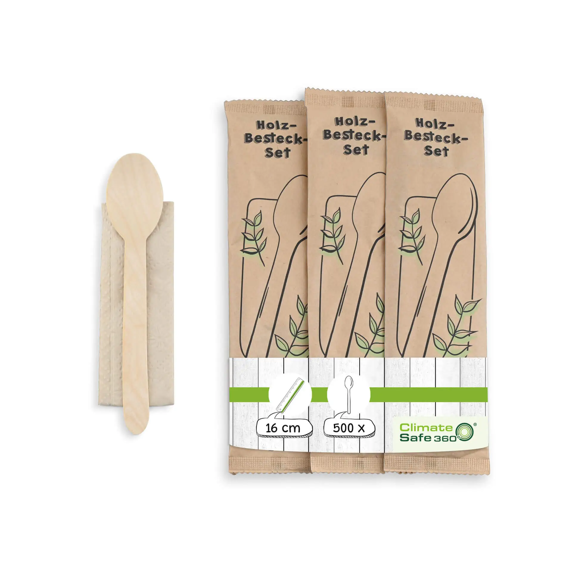 Wooden cutlery sets spoon & serviette, 16 cm bio-based coating