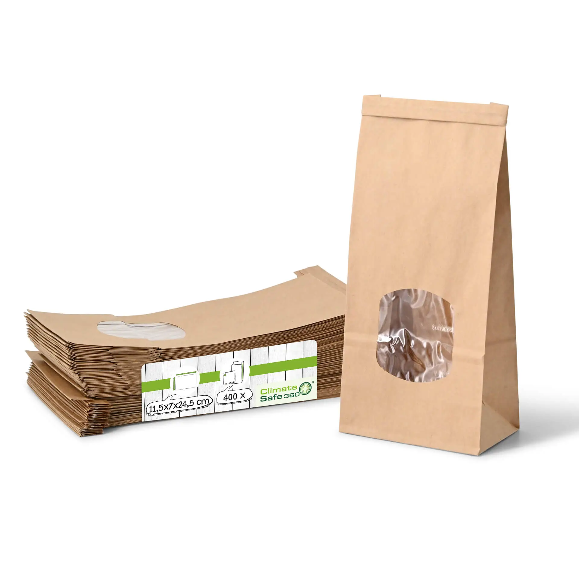 Block bottom bags with window M, 11.5 x 7 x 24,5 cm, PP-foil, brown, tin tie, kraft paper