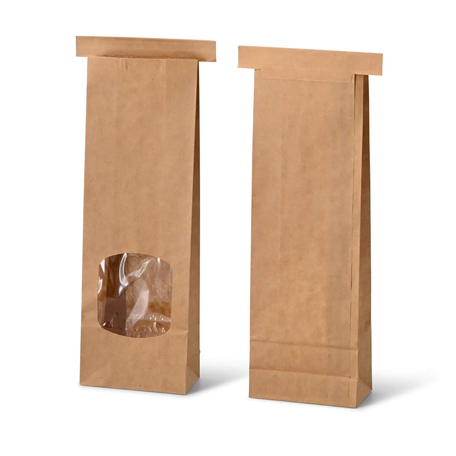 Block bottom bags with window S, 9 x 4.5 x 27.5 cm, PP-foil, brown, tin tie, kraft paper