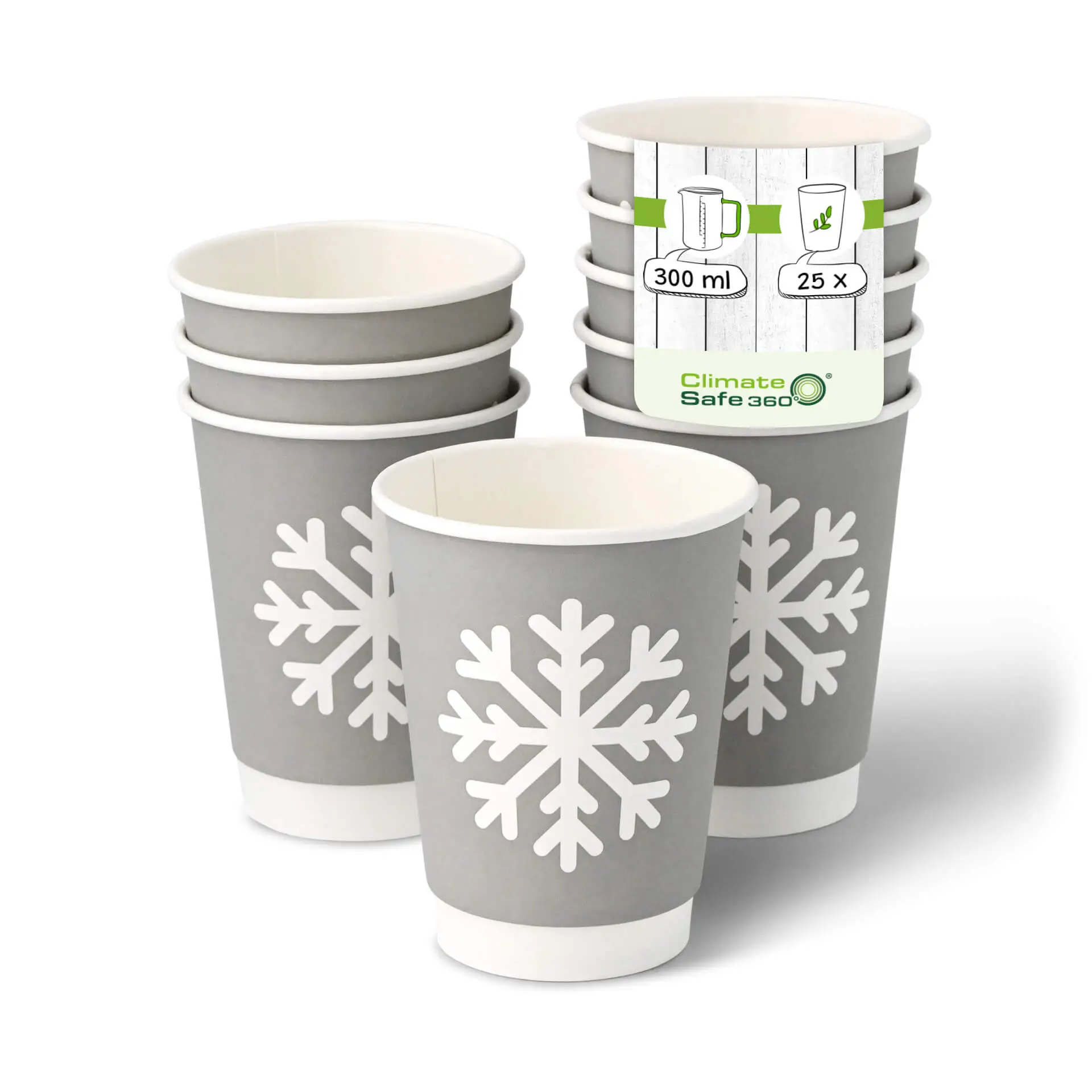 Double-walled paper cup Winter "Snowflake", 300 ml / 12 oz, Ø 90 mm, grey