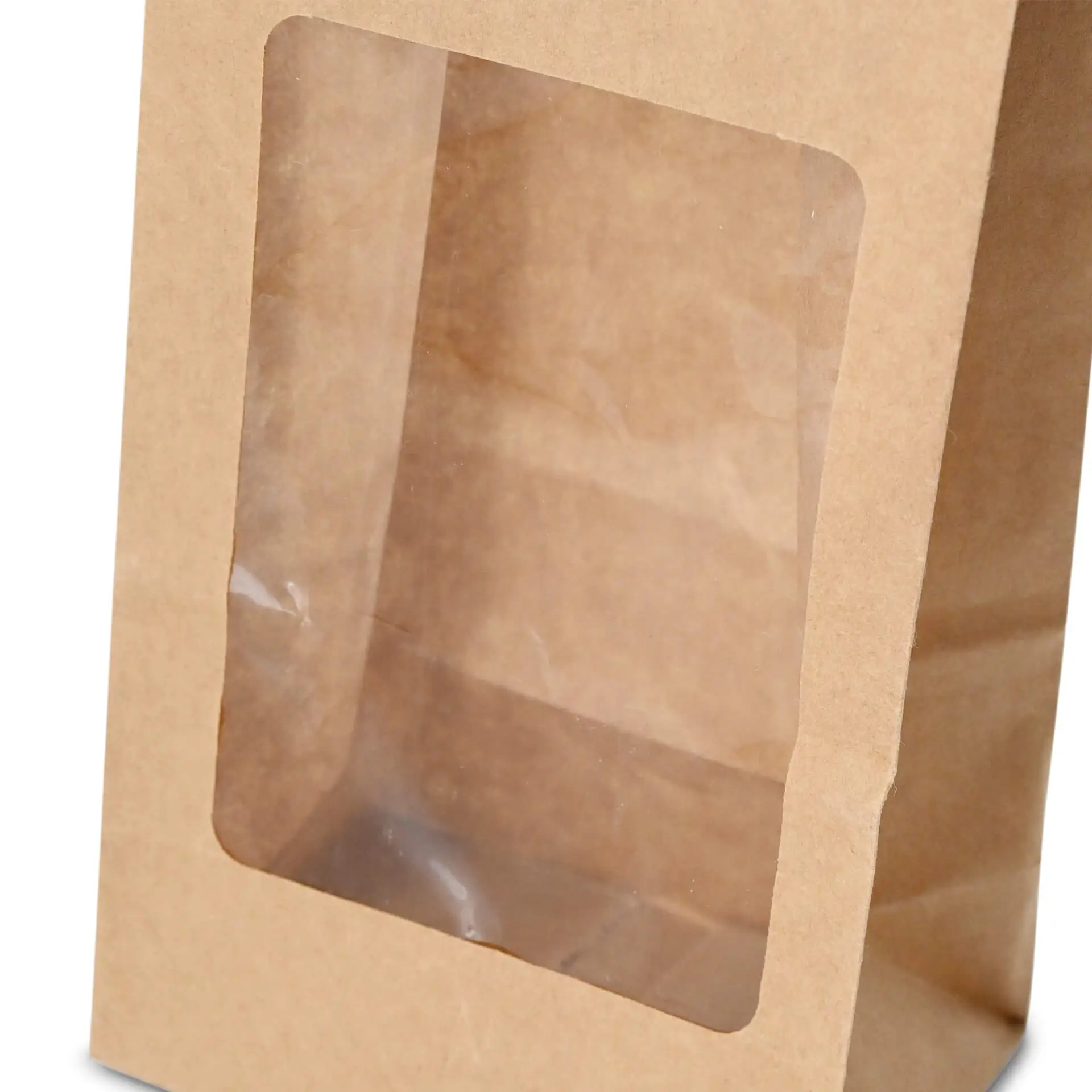 Block bottom-bags with PLA-window S, 9 x 6 x 19,5 cm, brown, kraft paper