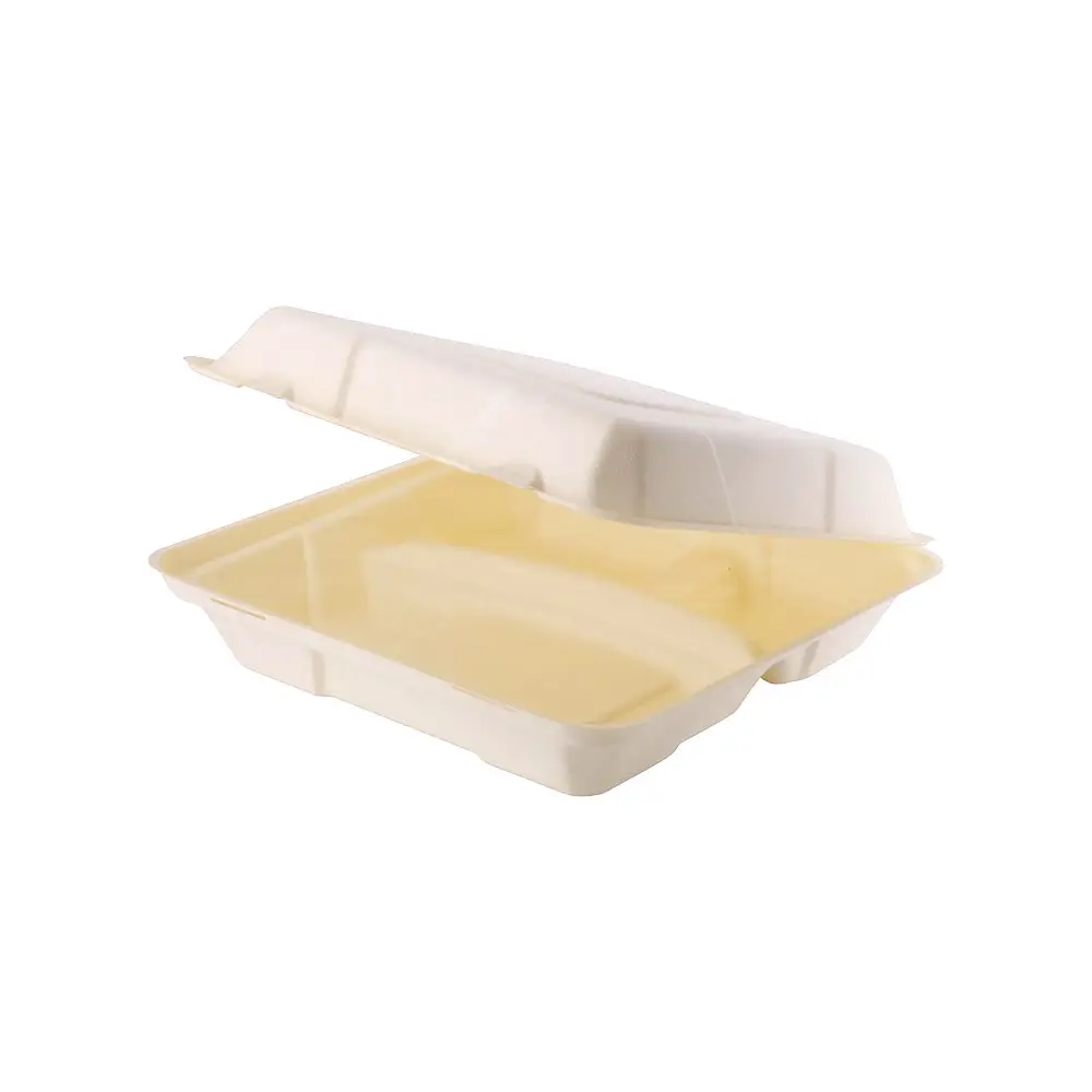 Wood fibre menu containers 24.5 x 24.5 x 6 cm, 3 compartments, square