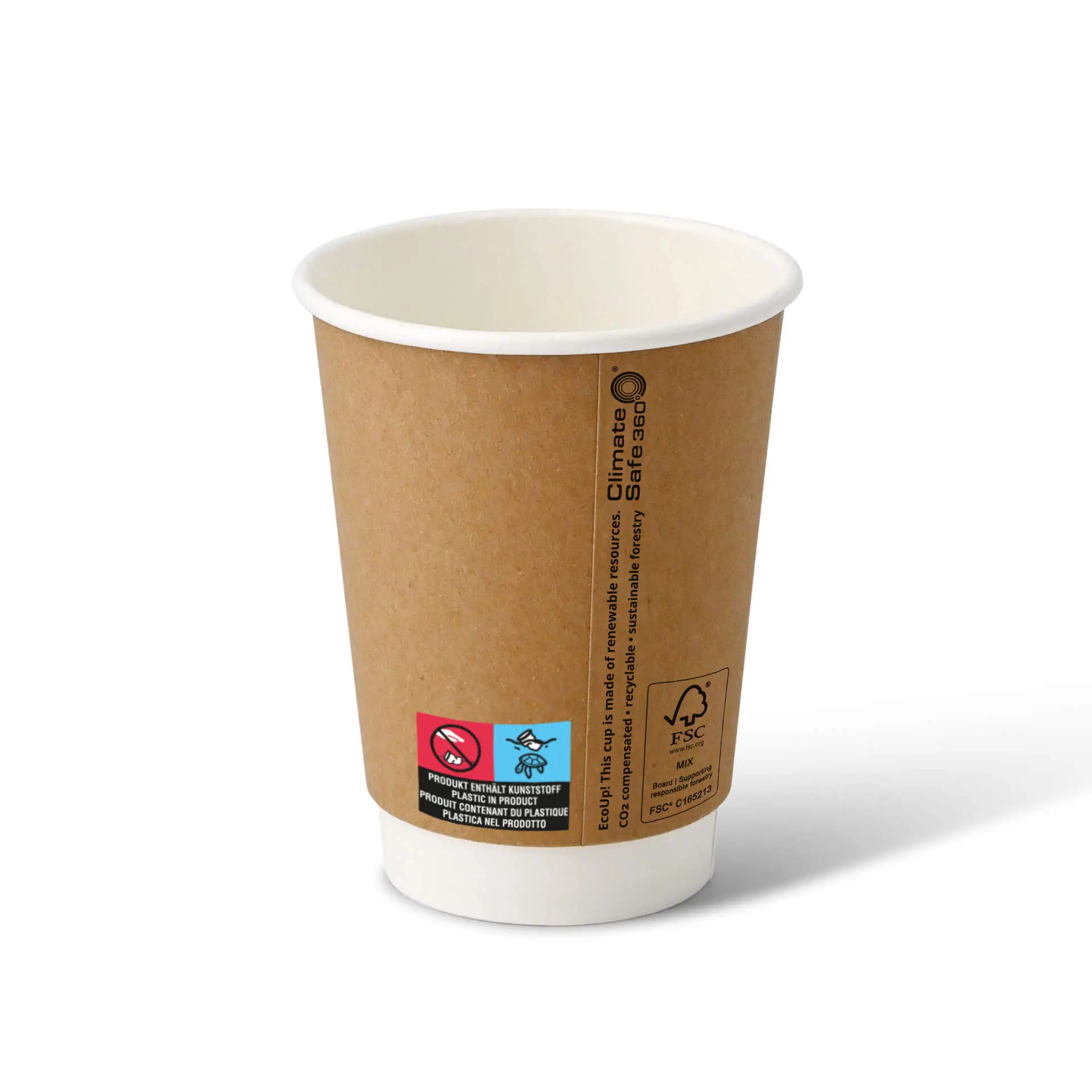 Coffee to go Becher aus Pappe (beschichtet) doppelwandig, 300 ml / 12 oz, Ø 90 mm, braun, innen weiß