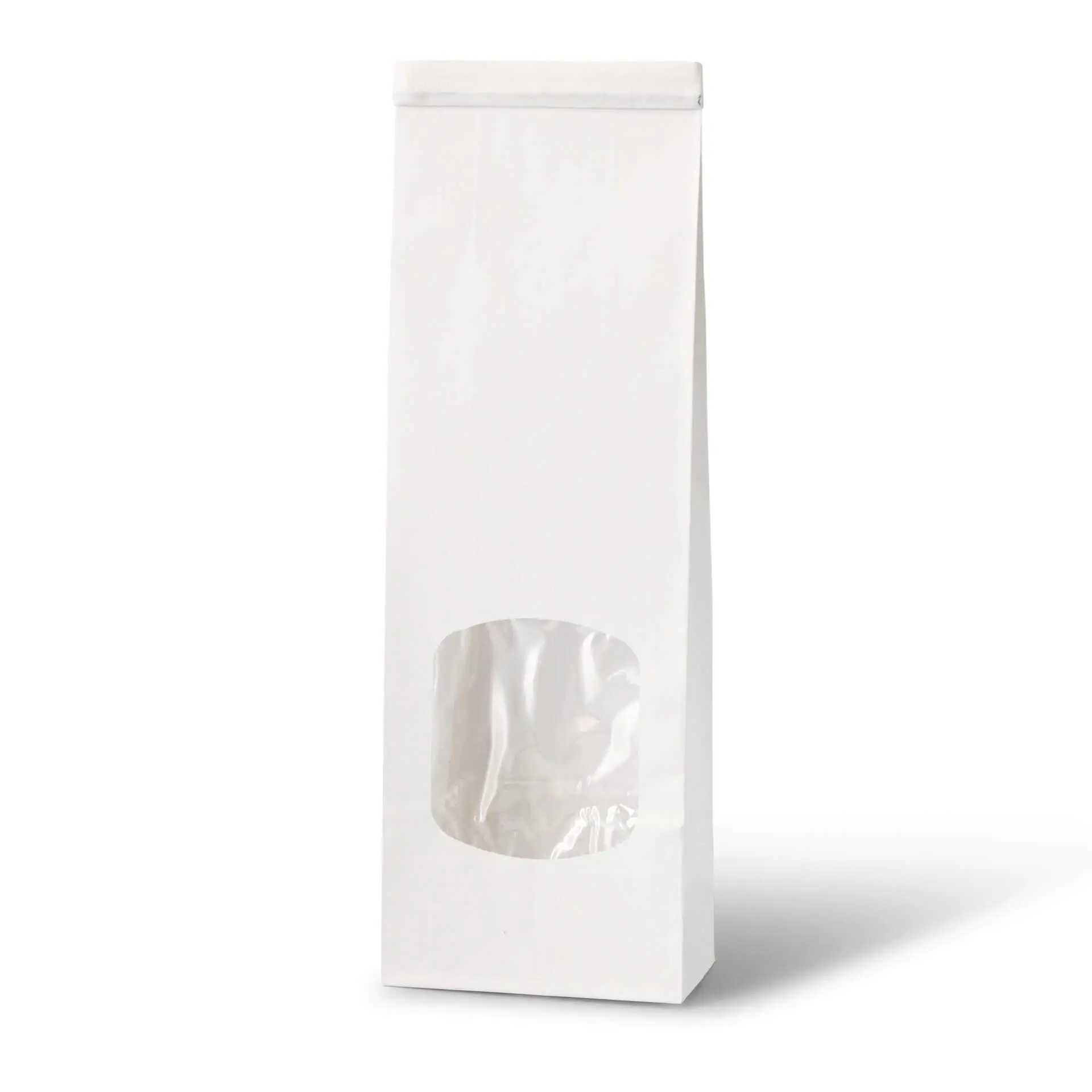 Block bottom bags w. window S, 9 x 4.5 x 26 cm, PP-foil, white, tin tie, kraft paper