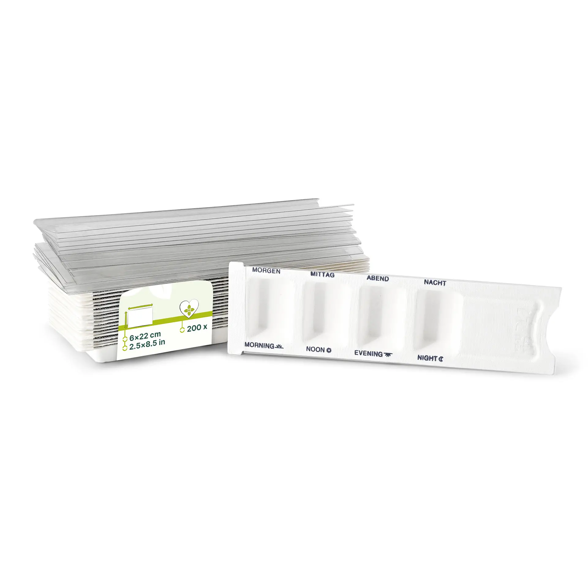 Plant fibre medication dispenser 6 x 22 x 1 cm, 4 chambers, rPET sliding lid