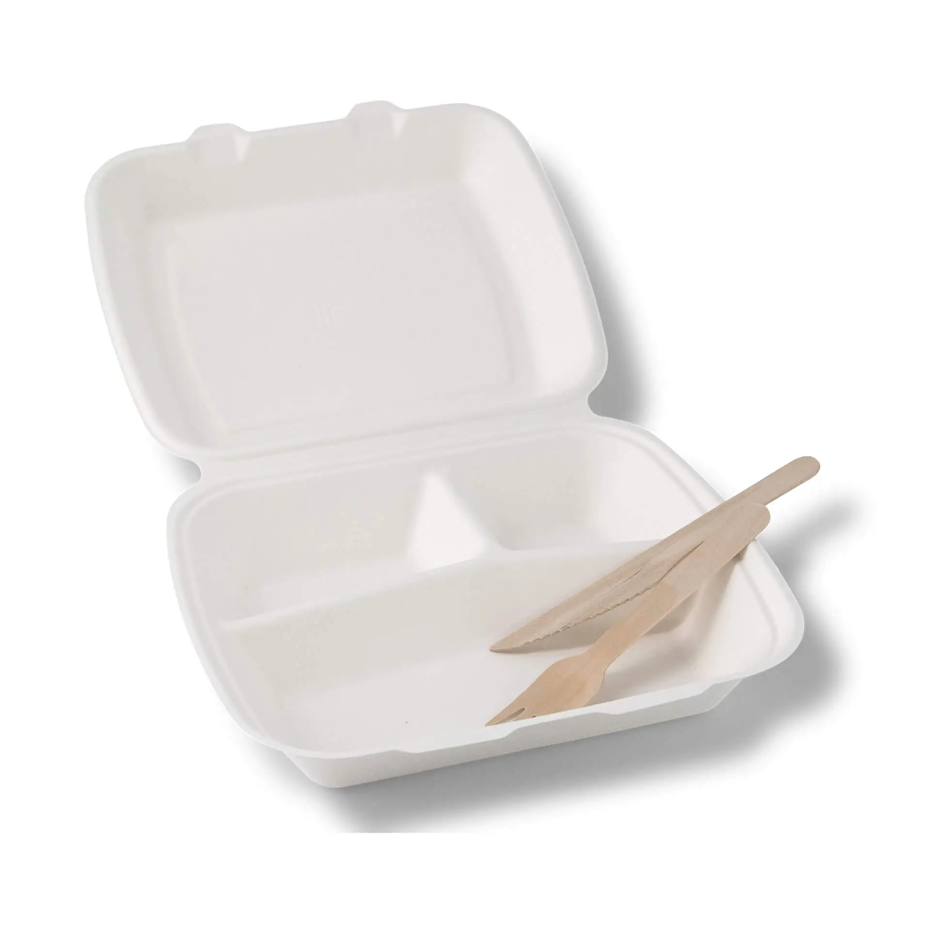 Sugarcane-menu containers 25 x 20 x 7.5 cm, 3 compartments, HP4/3,  hinged-lid, rectangular