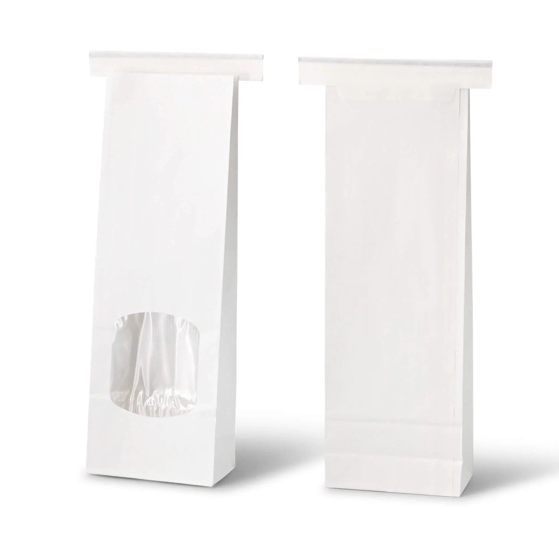 Block bottom bags w. window S, 9 x 4.5 x 26 cm, PP-foil, white, tin tie, kraft paper