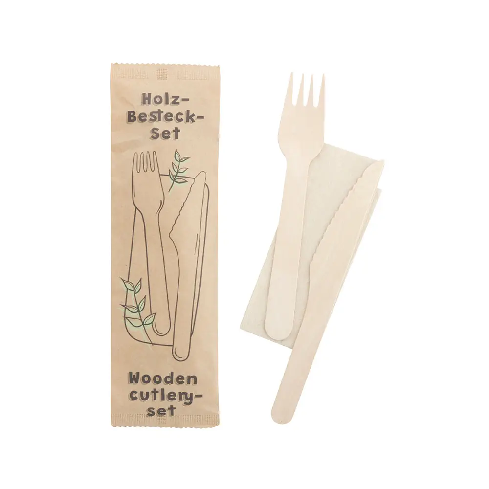 Wooden cutlery sets knife, fork & serviette, 16 cm bio-based coating