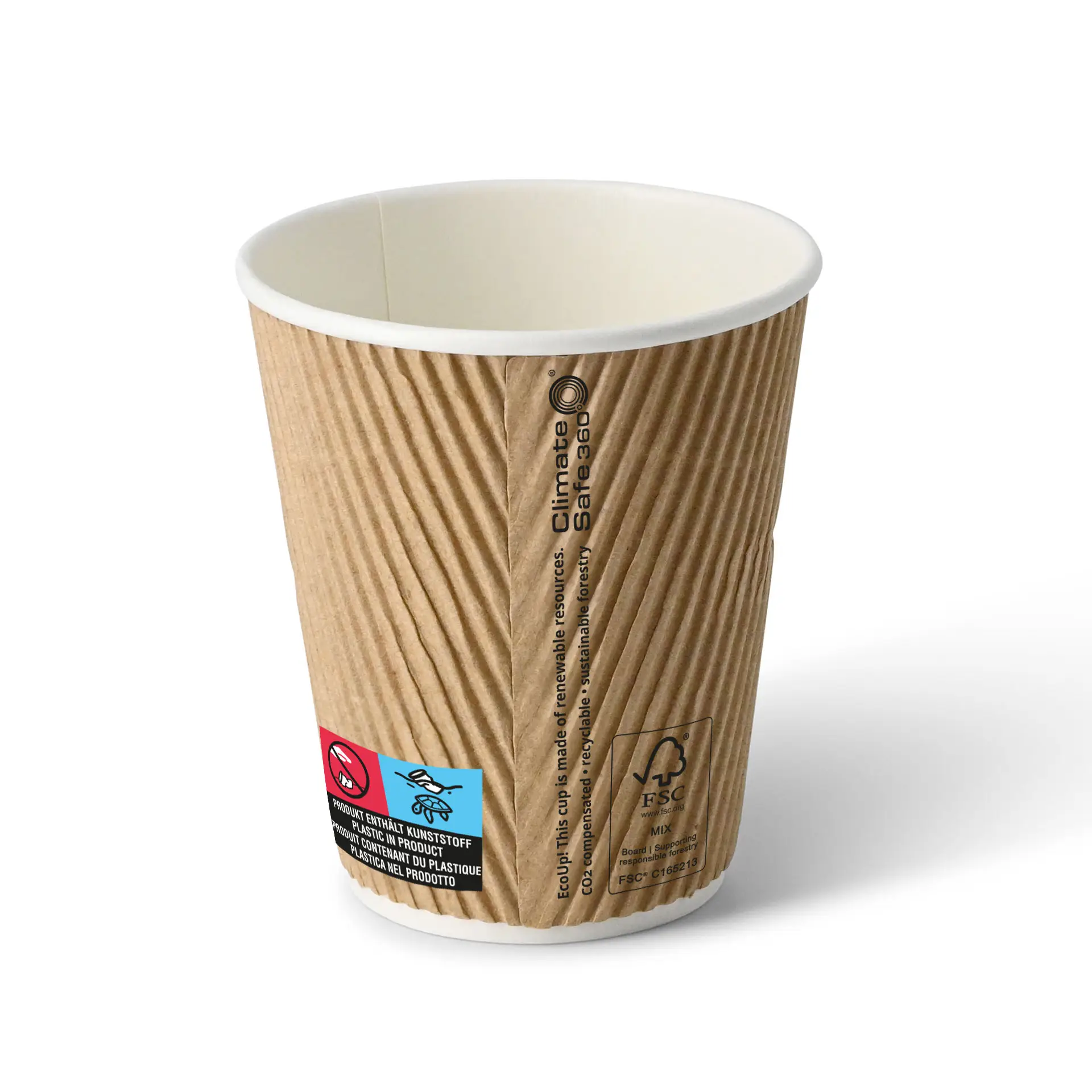 Riffelbecher (beschichtet) / Coffee to go Becher 250 ml / 10 oz, Ø 90 mm, braun, innen weiß