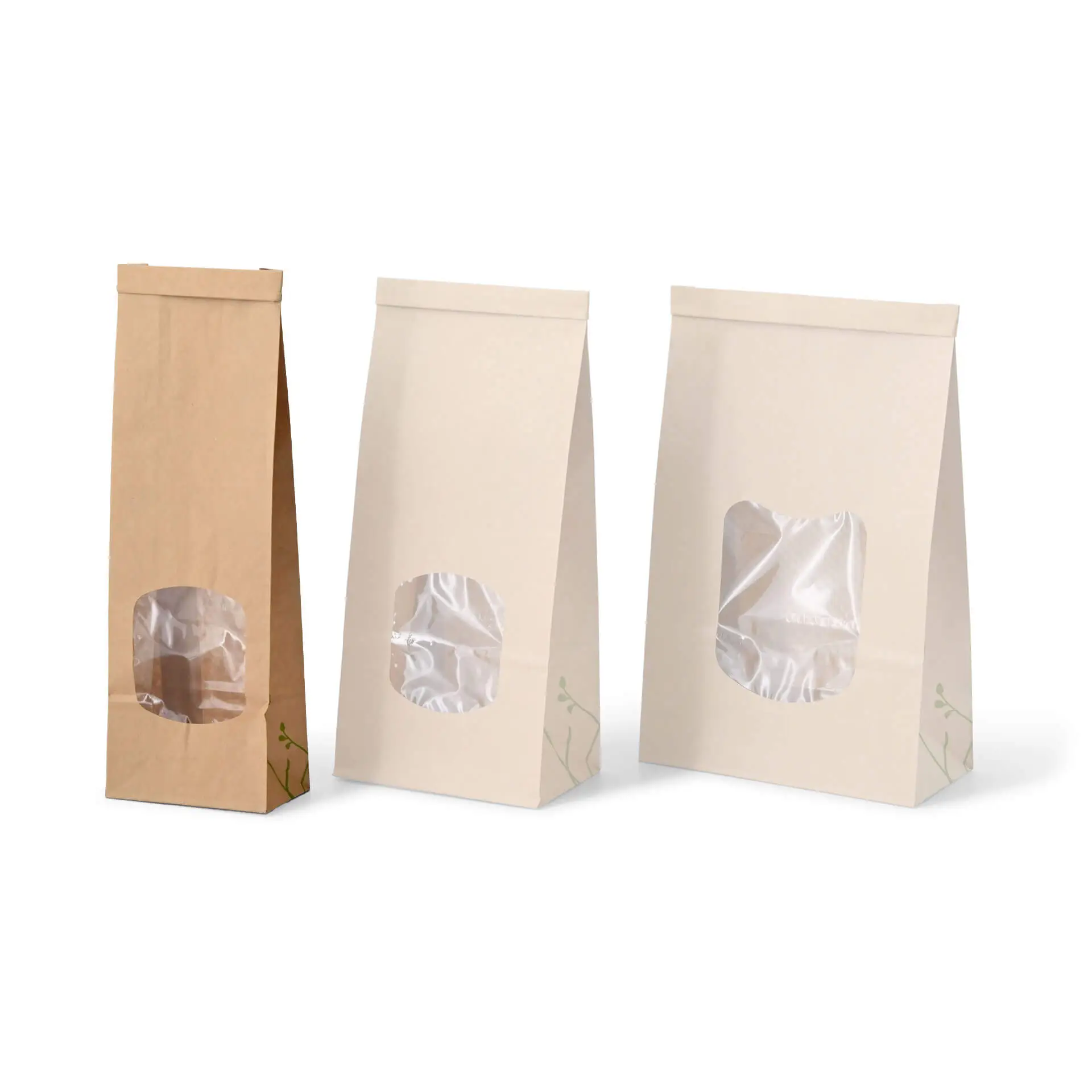 Block bottom bags with window S, 8.8 x 4.7 x 26 cm, PLA-foil, brown, tin tie, kraft paper