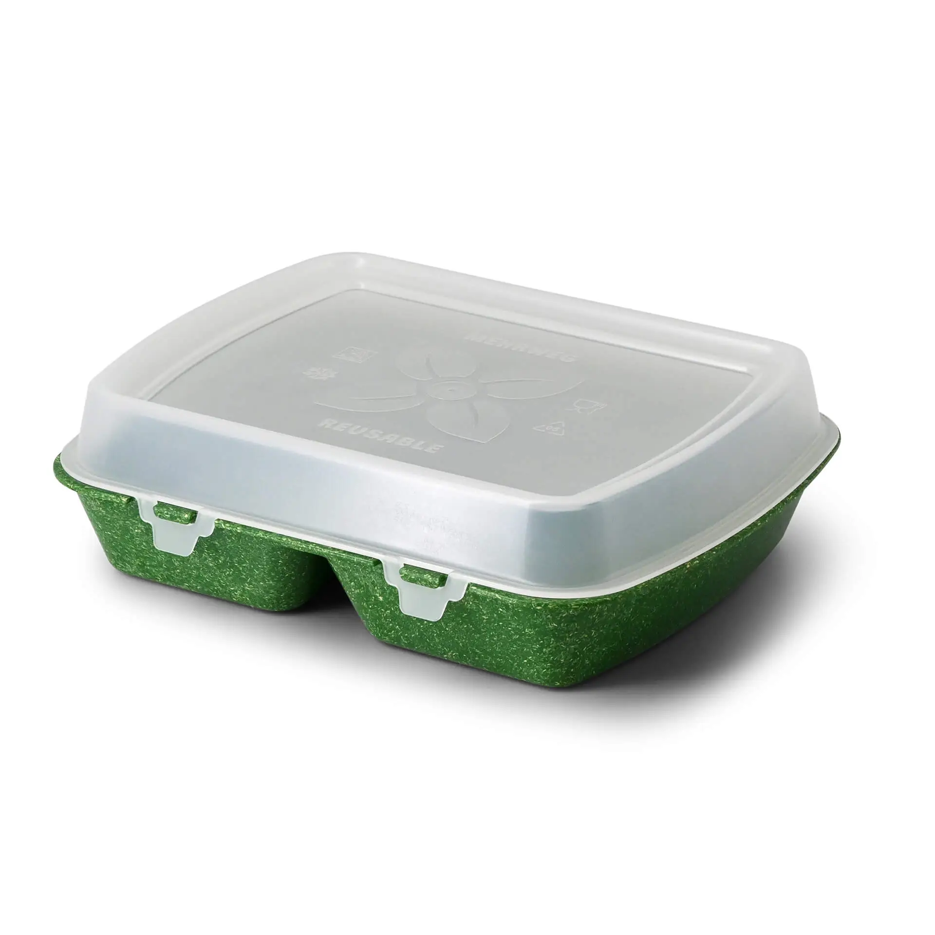 Reusable meal containers "merways Box" 24.5 x 20 x 4.5 cm, 2 compartments, HP4/2, spinach / dark green