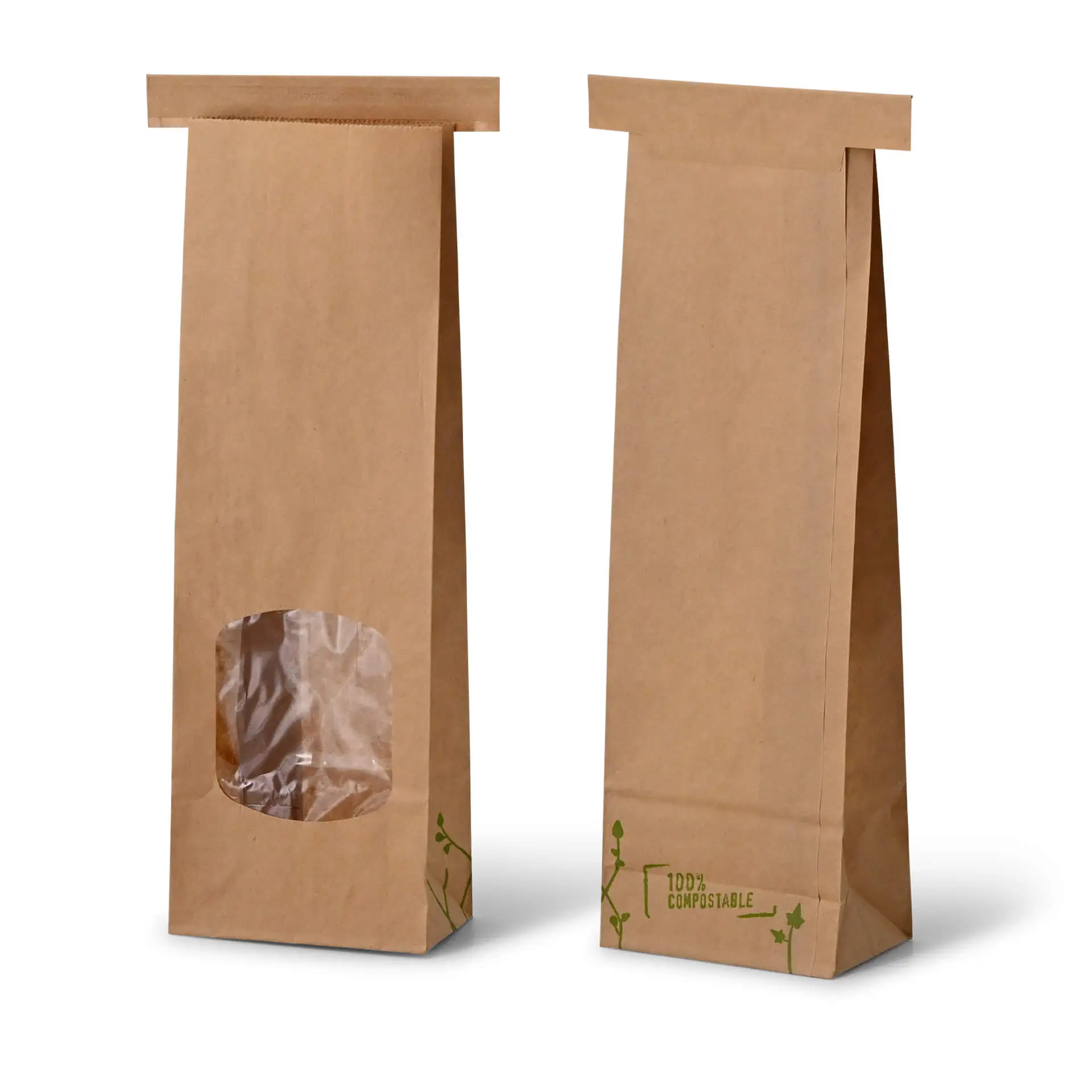 Block bottom bags with window S, 8.8 x 4.7 x 26 cm, PLA-foil, brown, tin tie, kraft paper