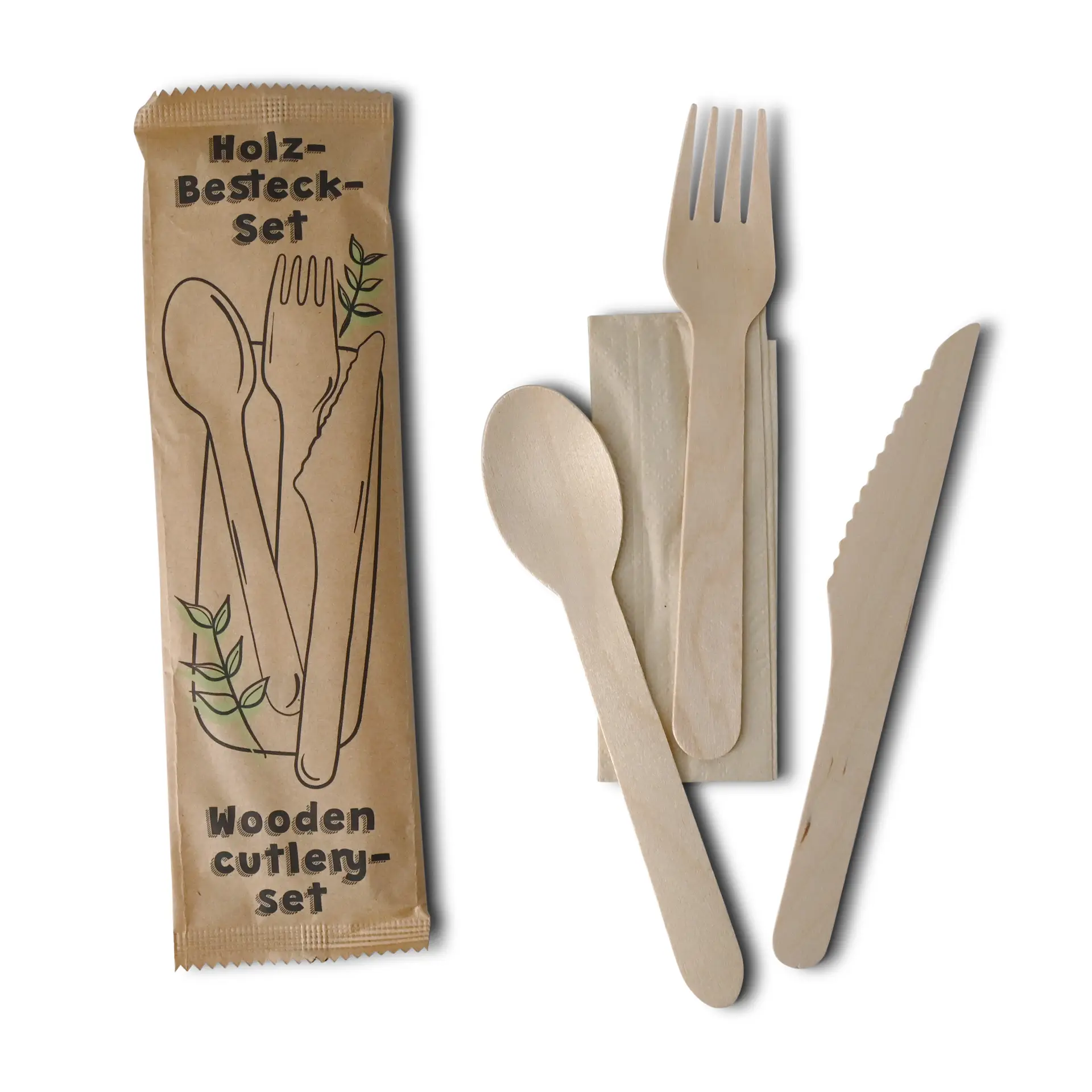 Bestecksets aus Holz Messer, Gabel, Löffel, Serviette