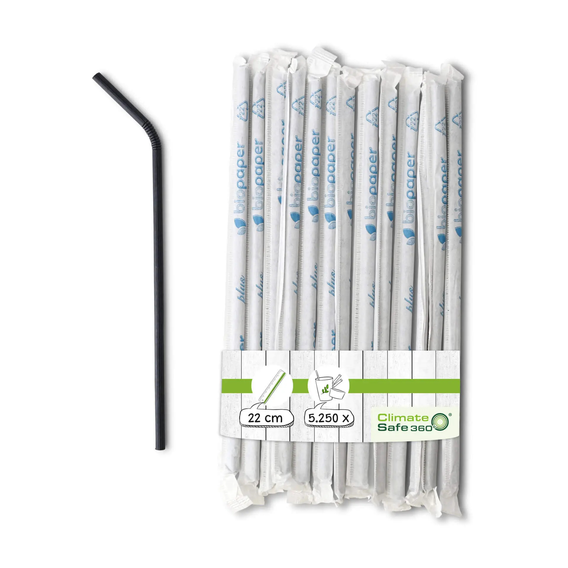 22 cm, Ø 0.5 cm Paper-straws flexible, black, wrapped