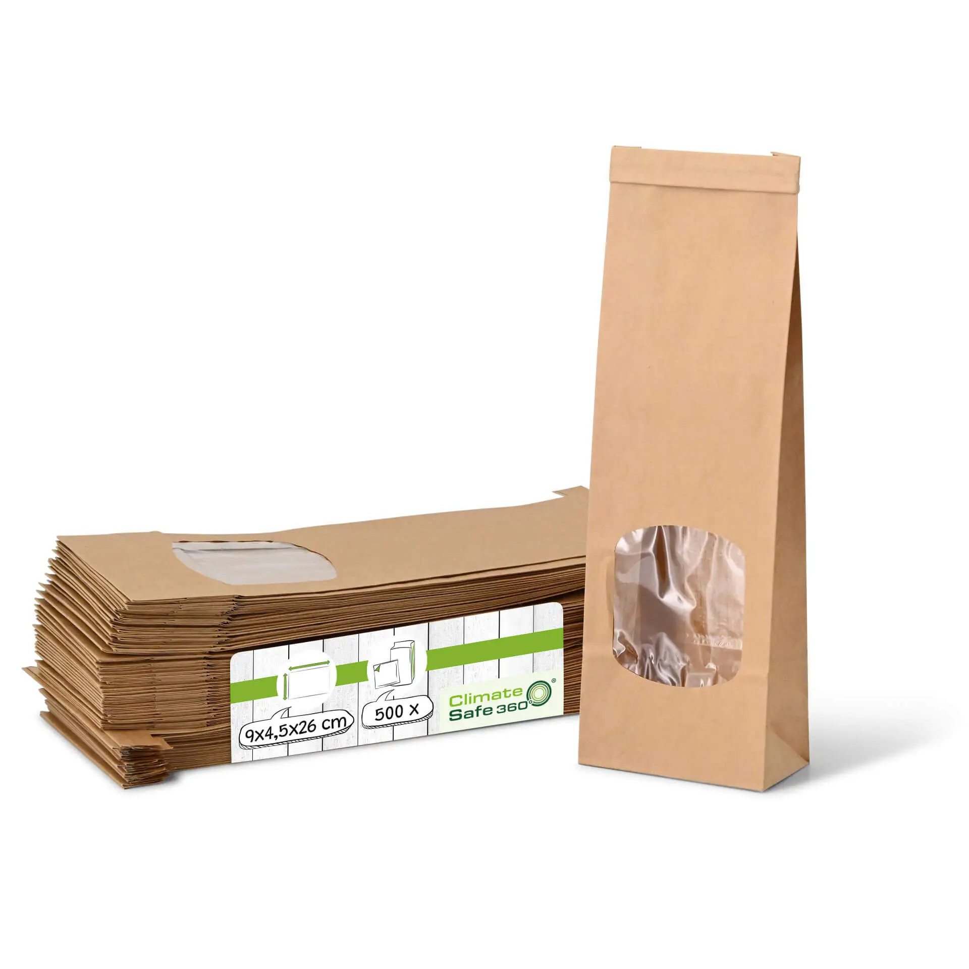 Block bottom bags with window S, 9 x 4.5 x 27.5 cm, PP-foil, brown, tin tie, kraft paper