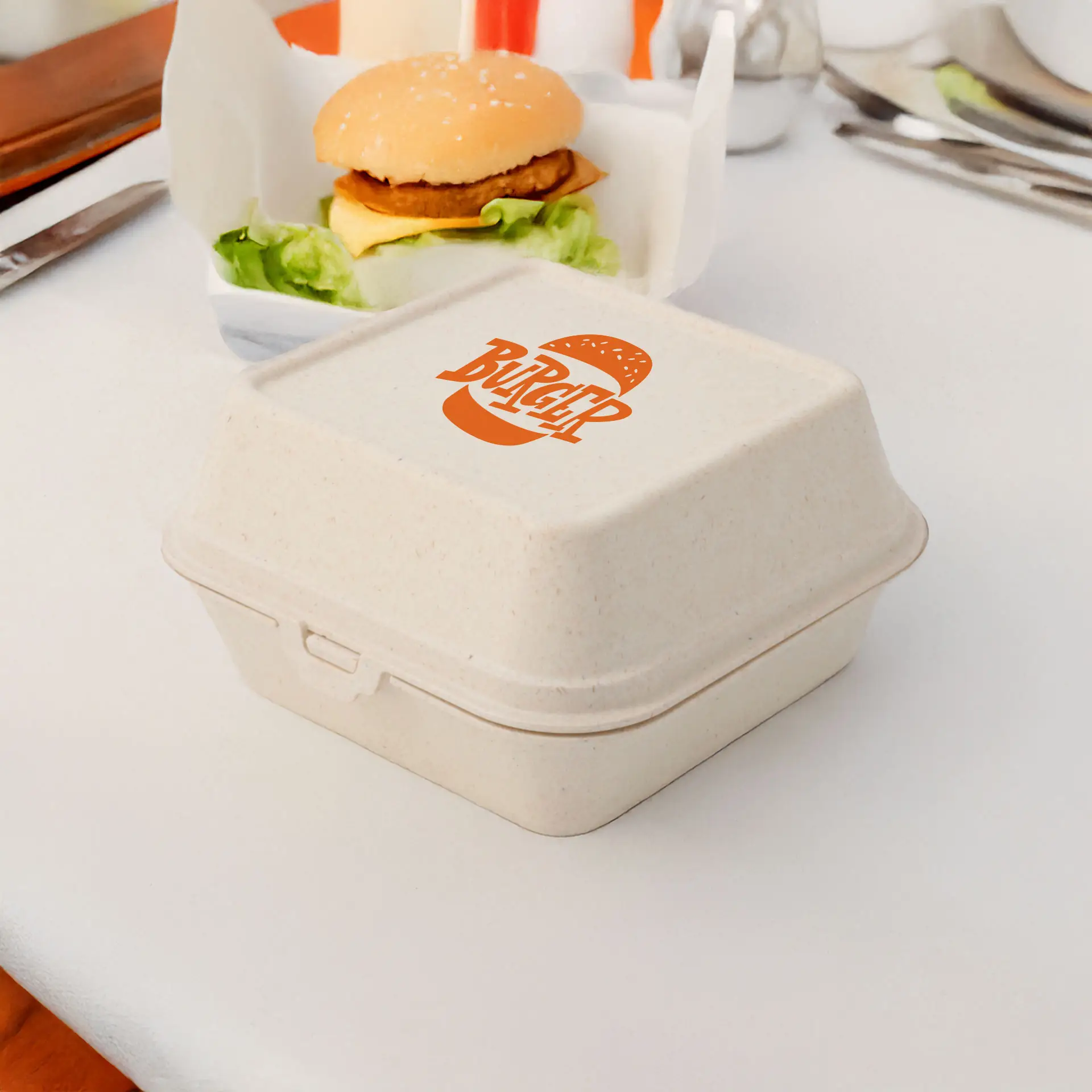 Reusable burger boxes printing "merways Box" (1 surface) 16 x 15 x 8.5 cm, cashew / creamy white