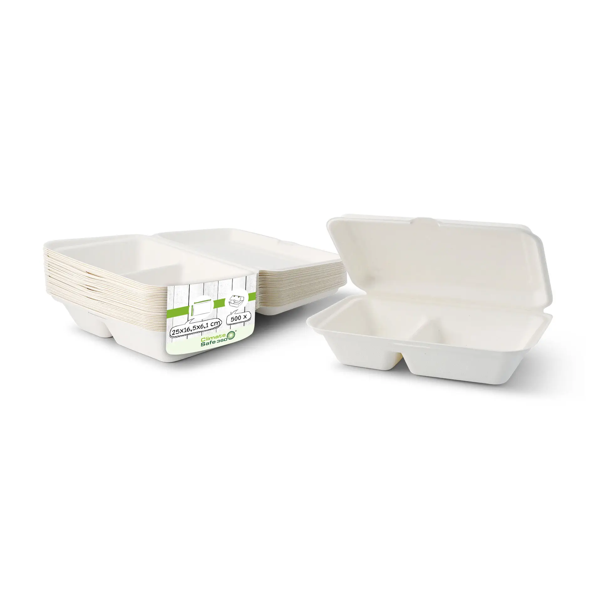 Sugarcane-menu containers 25 x 16,5 x 6,1 cm, 2 compartments, hinged-lid, rectangular