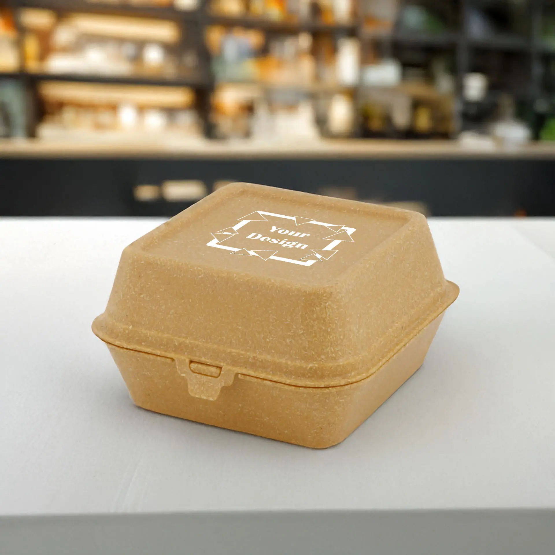 Reusable burger boxes printing "merways Box" (1 surface)  16 x 15 x 8.5 cm, caramel / brown